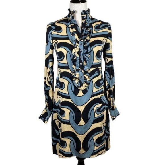 DVF Gaudi Wave Blue Tan Black Silk Sheath Dress - Picture 1 of 2
